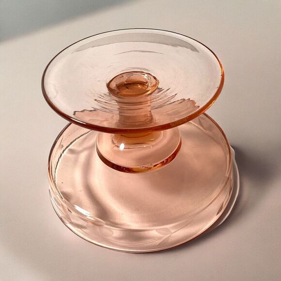Vtg Depression Glass Pink Etched Compote Cheese Dip Candle Holder 4.5" x 3” - Picture 2 of 6